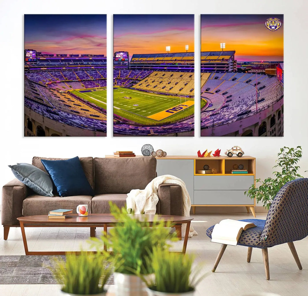 The living room showcases a canvas print of Baton Rouge's Tiger Stadium at sunset, titled "The Louisiana State University Tigers Football Team Print.