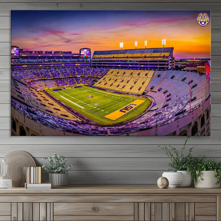 The living room showcases a canvas print of Baton Rouge's Tiger Stadium at sunset, titled "The Louisiana State University Tigers Football Team Print.