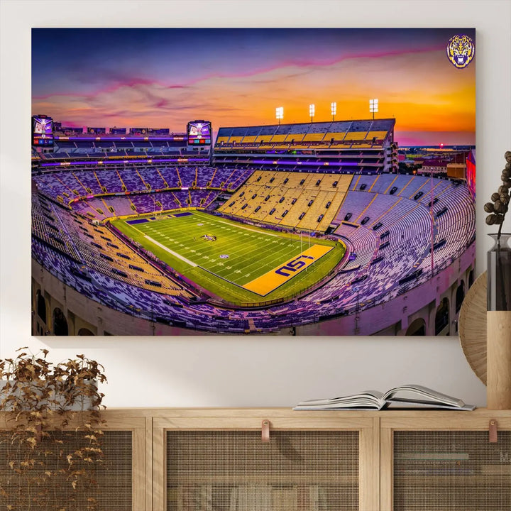 The living room showcases a canvas print of Baton Rouge's Tiger Stadium at sunset, titled "The Louisiana State University Tigers Football Team Print.