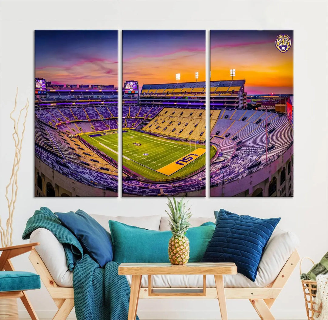 The living room showcases a canvas print of Baton Rouge's Tiger Stadium at sunset, titled "The Louisiana State University Tigers Football Team Print.