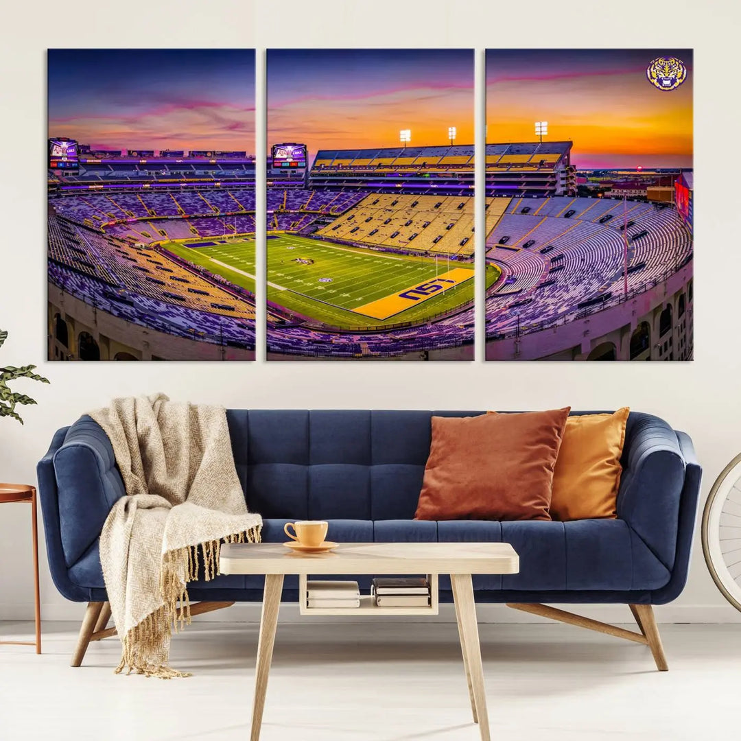 The living room showcases a canvas print of Baton Rouge's Tiger Stadium at sunset, titled "The Louisiana State University Tigers Football Team Print.