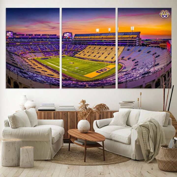 The living room showcases a canvas print of Baton Rouge's Tiger Stadium at sunset, titled "The Louisiana State University Tigers Football Team Print.