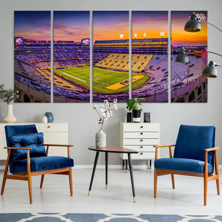 The living room showcases a canvas print of Baton Rouge's Tiger Stadium at sunset, titled "The Louisiana State University Tigers Football Team Print.