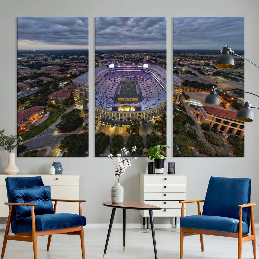 A stunning three-panel aerial view of the Louisiana State University Tigers' Tiger Stadium at dusk, set against a bustling cityscape. This captivating scene is elegantly displayed as a canvas artwork in a sleek wood frame, creating an impressive piece of wall art.