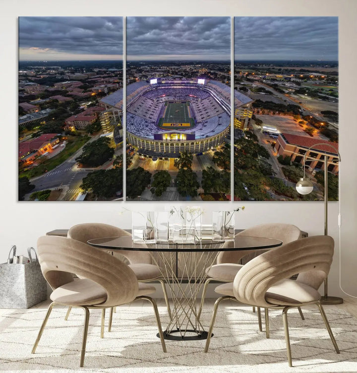 A stunning three-panel aerial view of the Louisiana State University Tigers' Tiger Stadium at dusk, set against a bustling cityscape. This captivating scene is elegantly displayed as a canvas artwork in a sleek wood frame, creating an impressive piece of wall art.