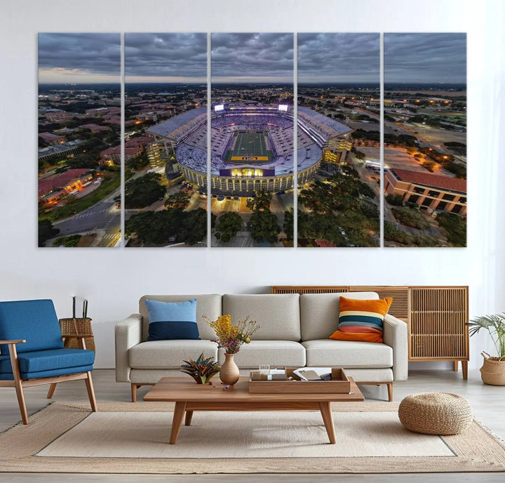 A stunning three-panel aerial view of the Louisiana State University Tigers' Tiger Stadium at dusk, set against a bustling cityscape. This captivating scene is elegantly displayed as a canvas artwork in a sleek wood frame, creating an impressive piece of wall art.