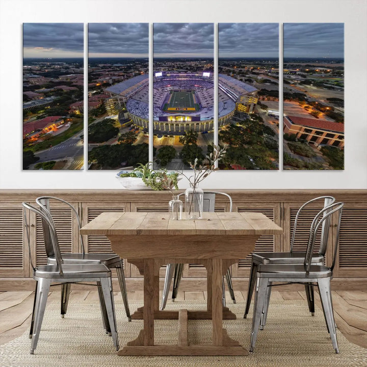 A stunning three-panel aerial view of the Louisiana State University Tigers' Tiger Stadium at dusk, set against a bustling cityscape. This captivating scene is elegantly displayed as a canvas artwork in a sleek wood frame, creating an impressive piece of wall art.