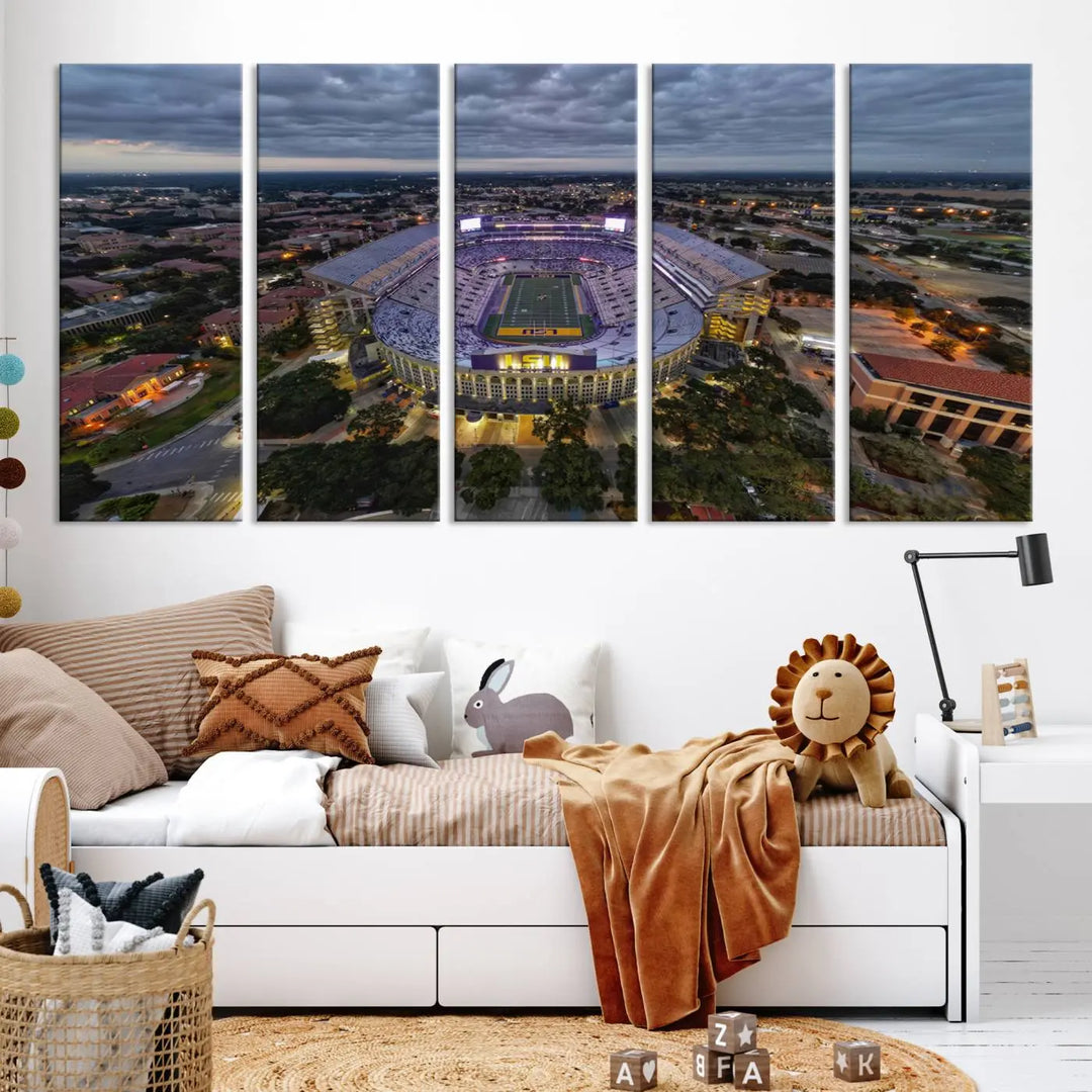 A stunning three-panel aerial view of the Louisiana State University Tigers' Tiger Stadium at dusk, set against a bustling cityscape. This captivating scene is elegantly displayed as a canvas artwork in a sleek wood frame, creating an impressive piece of wall art.