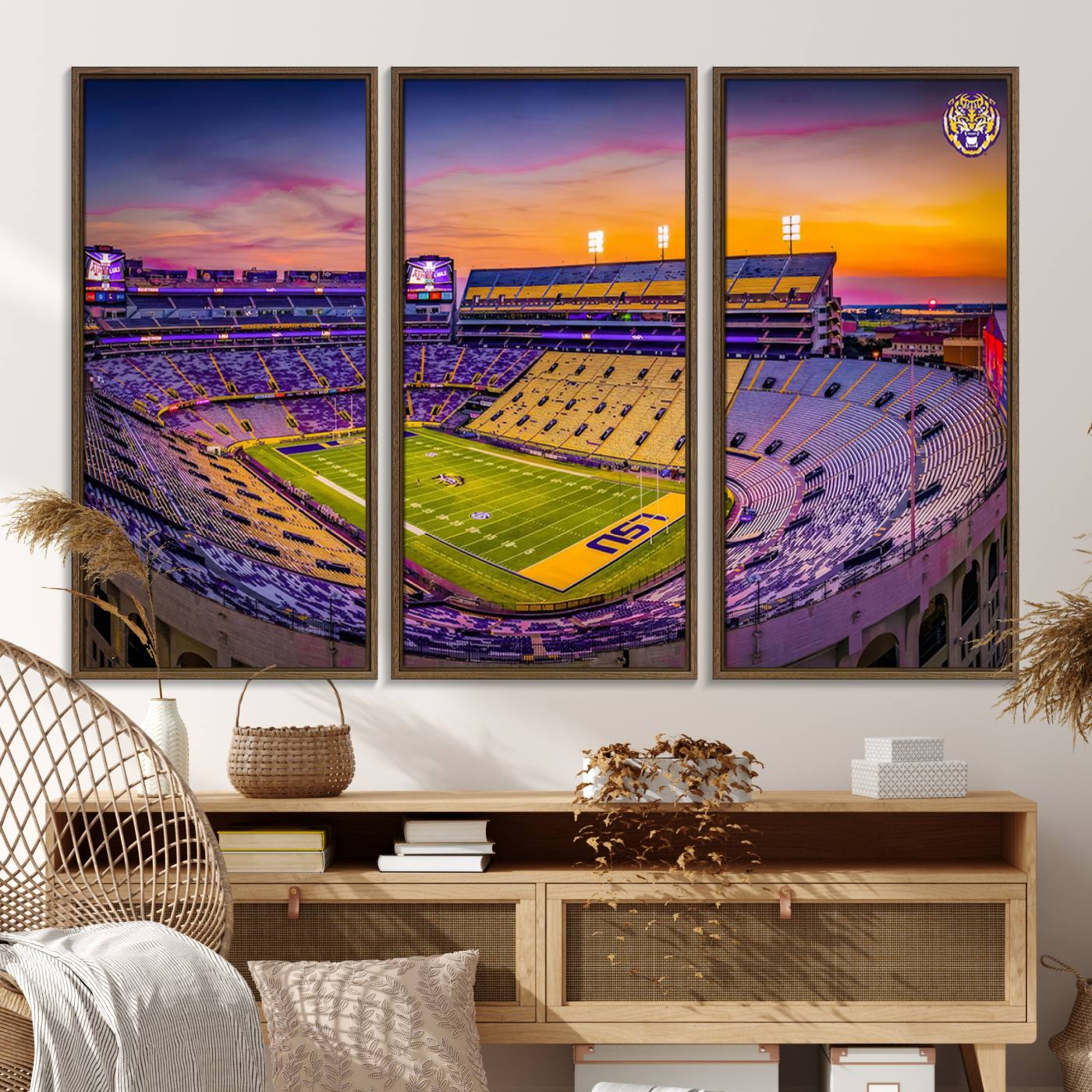 93538-MGV-FC-48X32-3P_Walnut-The Louisiana State University Tigers Football Team Print - Baton Rouge Tiger Stadium Wall Art Canvas Print