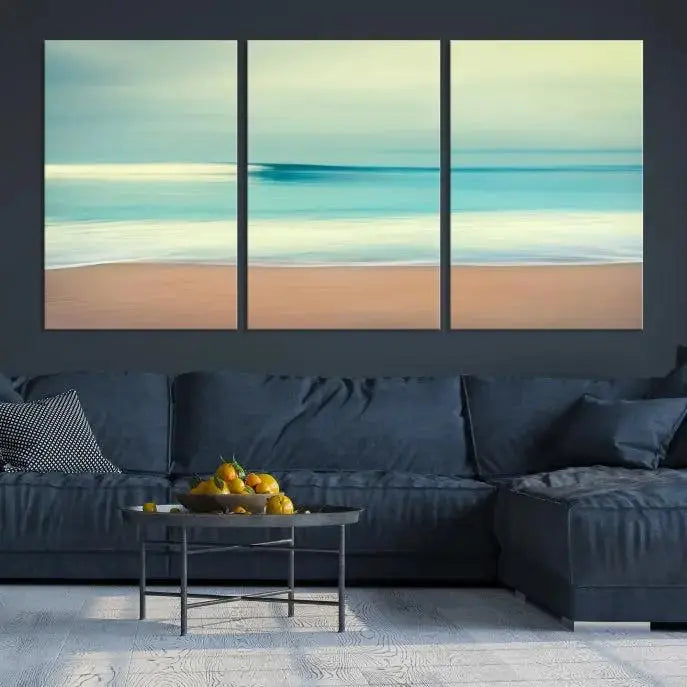 The Ocean Waves on the Beach Landscape, a three-panel art piece beautifully gallery wrapped on museum-quality canvas, features vibrant hues preserved by a UV-protective coating.