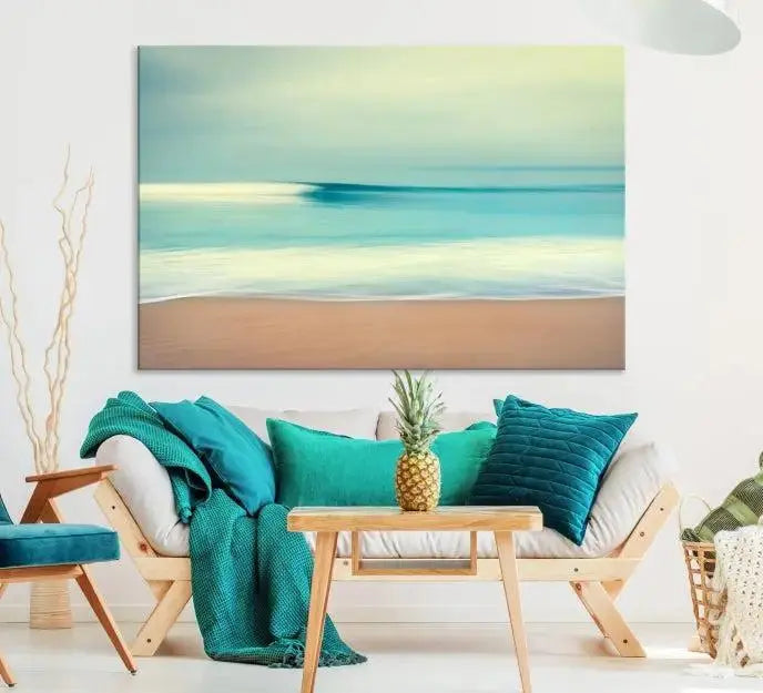 The Ocean Waves on the Beach Landscape, a three-panel art piece beautifully gallery wrapped on museum-quality canvas, features vibrant hues preserved by a UV-protective coating.