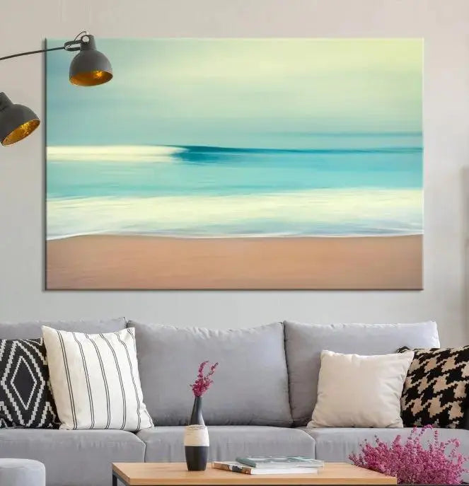 The Ocean Waves on the Beach Landscape, a three-panel art piece beautifully gallery wrapped on museum-quality canvas, features vibrant hues preserved by a UV-protective coating.