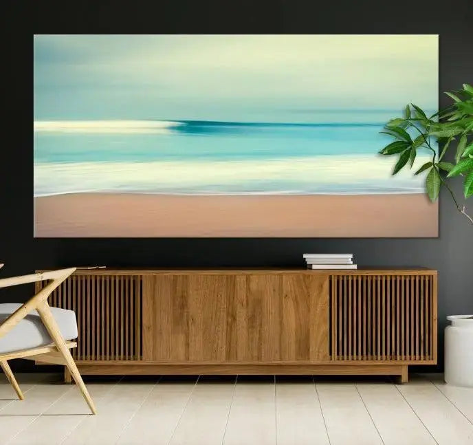 The Ocean Waves on the Beach Landscape, a three-panel art piece beautifully gallery wrapped on museum-quality canvas, features vibrant hues preserved by a UV-protective coating.