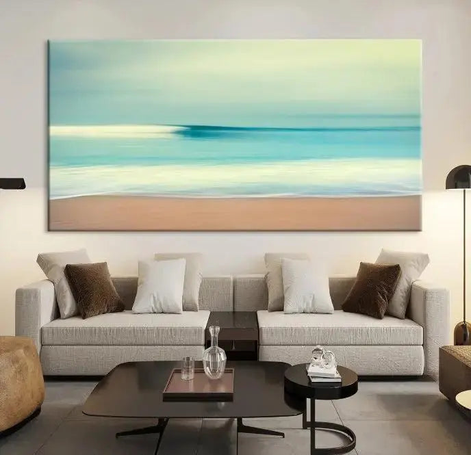 The Ocean Waves on the Beach Landscape, a three-panel art piece beautifully gallery wrapped on museum-quality canvas, features vibrant hues preserved by a UV-protective coating.