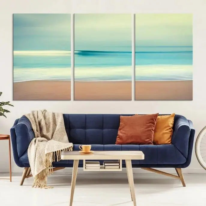 The Ocean Waves on the Beach Landscape, a three-panel art piece beautifully gallery wrapped on museum-quality canvas, features vibrant hues preserved by a UV-protective coating.