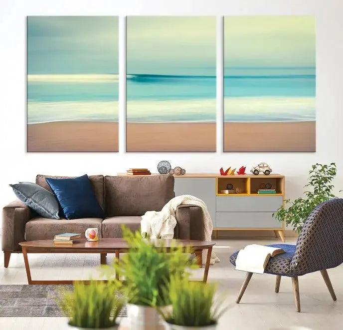 The Ocean Waves on the Beach Landscape, a three-panel art piece beautifully gallery wrapped on museum-quality canvas, features vibrant hues preserved by a UV-protective coating.