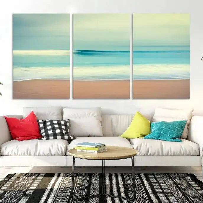 The Ocean Waves on the Beach Landscape, a three-panel art piece beautifully gallery wrapped on museum-quality canvas, features vibrant hues preserved by a UV-protective coating.