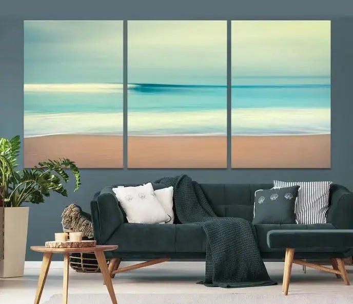 The Ocean Waves on the Beach Landscape, a three-panel art piece beautifully gallery wrapped on museum-quality canvas, features vibrant hues preserved by a UV-protective coating.