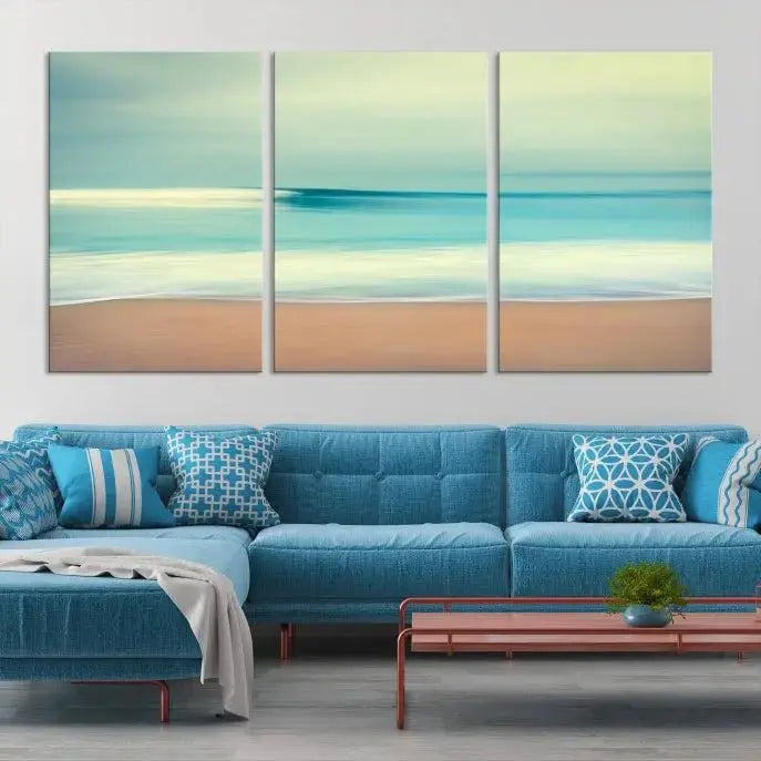 The Ocean Waves on the Beach Landscape, a three-panel art piece beautifully gallery wrapped on museum-quality canvas, features vibrant hues preserved by a UV-protective coating.