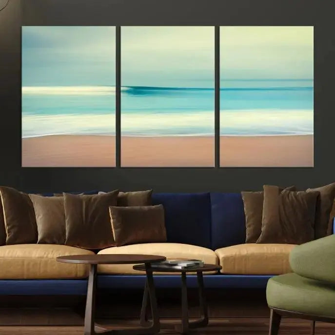 The Ocean Waves on the Beach Landscape, a three-panel art piece beautifully gallery wrapped on museum-quality canvas, features vibrant hues preserved by a UV-protective coating.