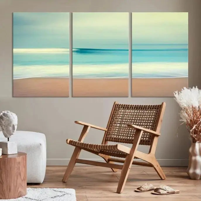 The Ocean Waves on the Beach Landscape, a three-panel art piece beautifully gallery wrapped on museum-quality canvas, features vibrant hues preserved by a UV-protective coating.