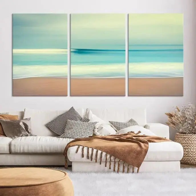 The Ocean Waves on the Beach Landscape, a three-panel art piece beautifully gallery wrapped on museum-quality canvas, features vibrant hues preserved by a UV-protective coating.