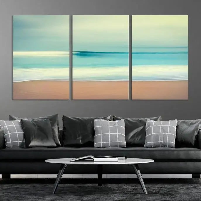 The Ocean Waves on the Beach Landscape, a three-panel art piece beautifully gallery wrapped on museum-quality canvas, features vibrant hues preserved by a UV-protective coating.