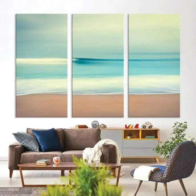 The Ocean Waves on the Beach Landscape, a three-panel art piece beautifully gallery wrapped on museum-quality canvas, features vibrant hues preserved by a UV-protective coating.