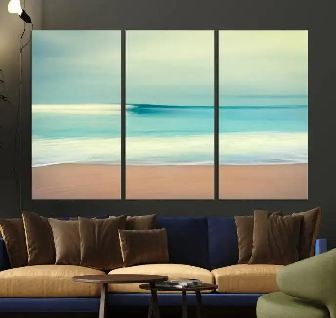 The Ocean Waves on the Beach Landscape, a three-panel art piece beautifully gallery wrapped on museum-quality canvas, features vibrant hues preserved by a UV-protective coating.