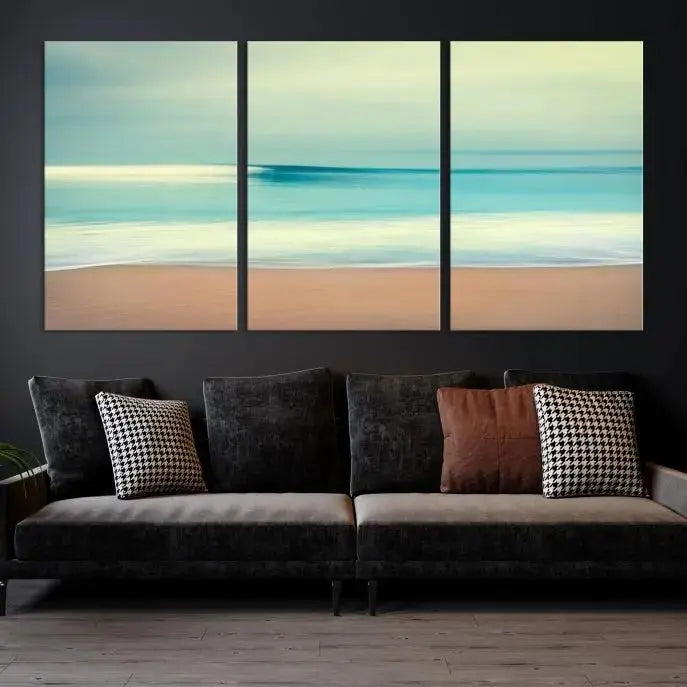 The Ocean Waves on the Beach Landscape, a three-panel art piece beautifully gallery wrapped on museum-quality canvas, features vibrant hues preserved by a UV-protective coating.