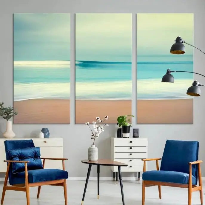 The Ocean Waves on the Beach Landscape, a three-panel art piece beautifully gallery wrapped on museum-quality canvas, features vibrant hues preserved by a UV-protective coating.