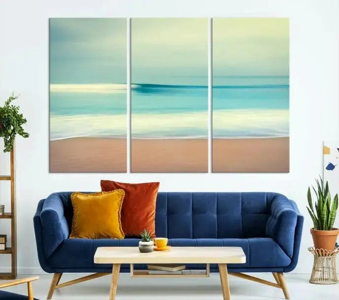 The Ocean Waves on the Beach Landscape, a three-panel art piece beautifully gallery wrapped on museum-quality canvas, features vibrant hues preserved by a UV-protective coating.