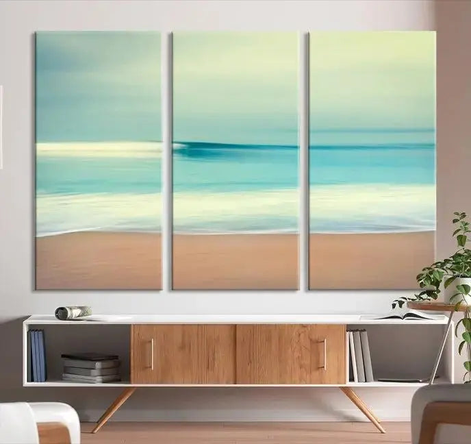 The Ocean Waves on the Beach Landscape, a three-panel art piece beautifully gallery wrapped on museum-quality canvas, features vibrant hues preserved by a UV-protective coating.