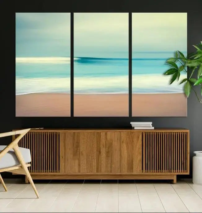 The Ocean Waves on the Beach Landscape, a three-panel art piece beautifully gallery wrapped on museum-quality canvas, features vibrant hues preserved by a UV-protective coating.