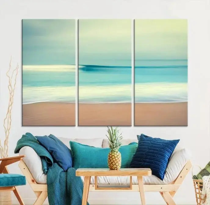 The Ocean Waves on the Beach Landscape, a three-panel art piece beautifully gallery wrapped on museum-quality canvas, features vibrant hues preserved by a UV-protective coating.