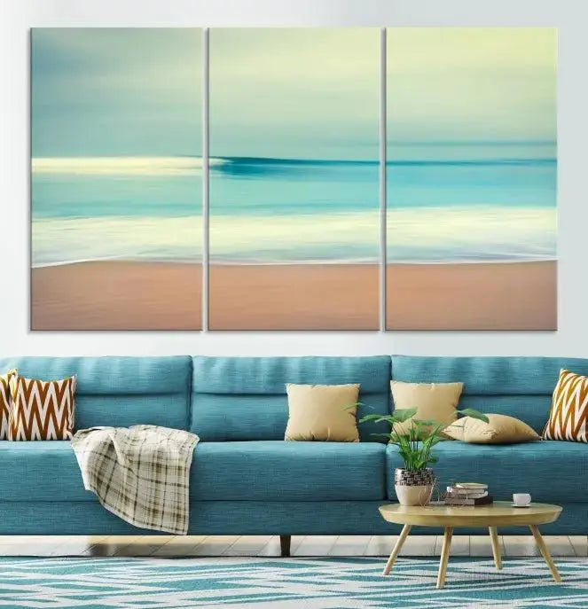 The Ocean Waves on the Beach Landscape, a three-panel art piece beautifully gallery wrapped on museum-quality canvas, features vibrant hues preserved by a UV-protective coating.