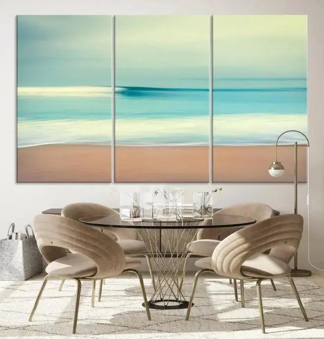 The Ocean Waves on the Beach Landscape, a three-panel art piece beautifully gallery wrapped on museum-quality canvas, features vibrant hues preserved by a UV-protective coating.