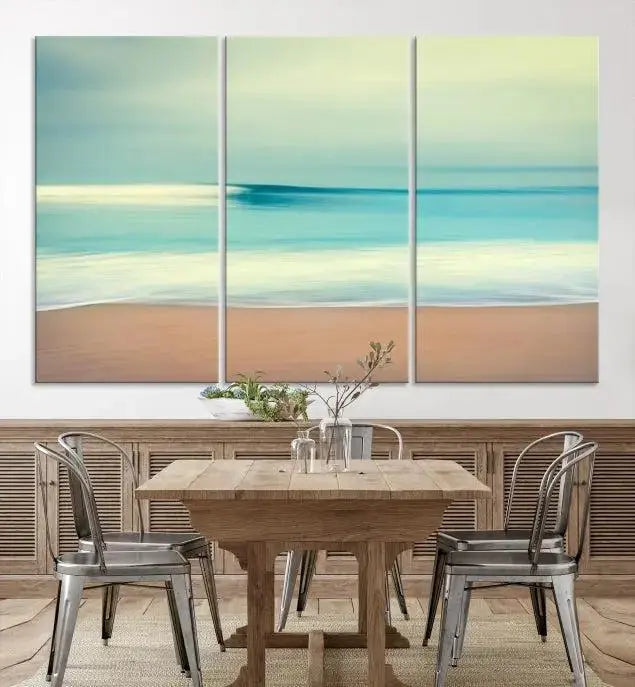 The Ocean Waves on the Beach Landscape, a three-panel art piece beautifully gallery wrapped on museum-quality canvas, features vibrant hues preserved by a UV-protective coating.