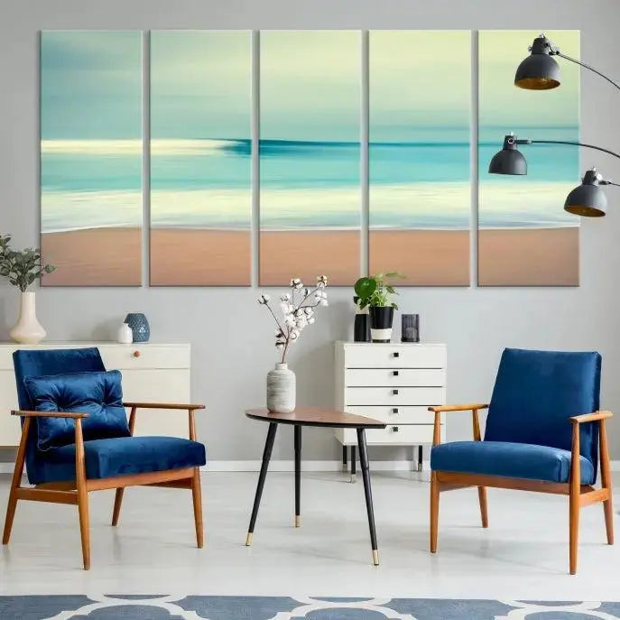 The Ocean Waves on the Beach Landscape, a three-panel art piece beautifully gallery wrapped on museum-quality canvas, features vibrant hues preserved by a UV-protective coating.