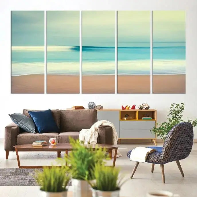 The Ocean Waves on the Beach Landscape, a three-panel art piece beautifully gallery wrapped on museum-quality canvas, features vibrant hues preserved by a UV-protective coating.