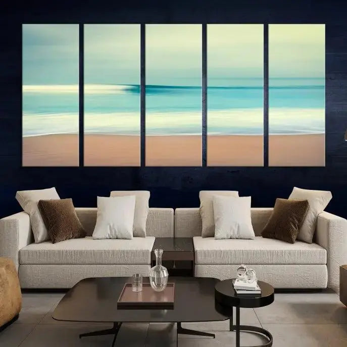 The Ocean Waves on the Beach Landscape, a three-panel art piece beautifully gallery wrapped on museum-quality canvas, features vibrant hues preserved by a UV-protective coating.