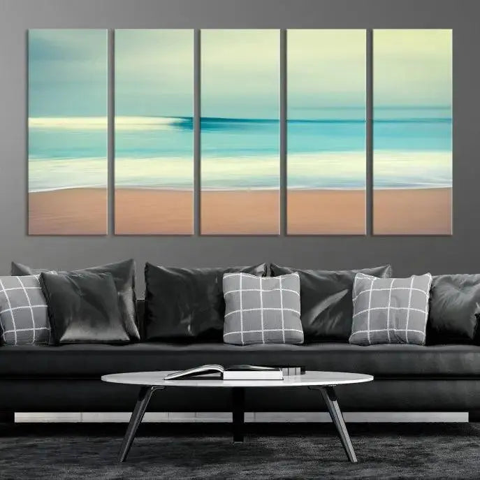 The Ocean Waves on the Beach Landscape, a three-panel art piece beautifully gallery wrapped on museum-quality canvas, features vibrant hues preserved by a UV-protective coating.