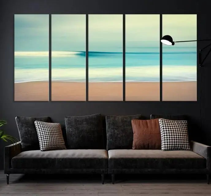 The Ocean Waves on the Beach Landscape, a three-panel art piece beautifully gallery wrapped on museum-quality canvas, features vibrant hues preserved by a UV-protective coating.