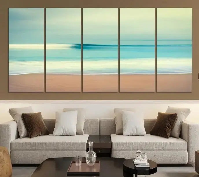 The Ocean Waves on the Beach Landscape, a three-panel art piece beautifully gallery wrapped on museum-quality canvas, features vibrant hues preserved by a UV-protective coating.