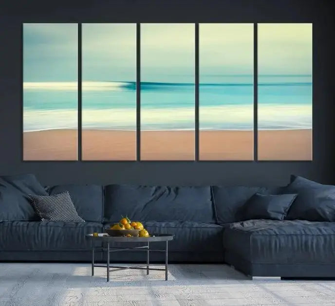 The Ocean Waves on the Beach Landscape, a three-panel art piece beautifully gallery wrapped on museum-quality canvas, features vibrant hues preserved by a UV-protective coating.