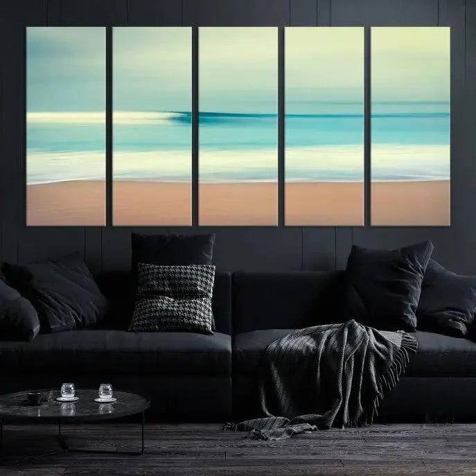 The Ocean Waves on the Beach Landscape, a three-panel art piece beautifully gallery wrapped on museum-quality canvas, features vibrant hues preserved by a UV-protective coating.