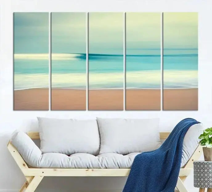 The Ocean Waves on the Beach Landscape, a three-panel art piece beautifully gallery wrapped on museum-quality canvas, features vibrant hues preserved by a UV-protective coating.