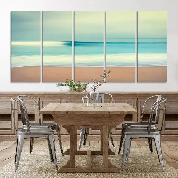 The Ocean Waves on the Beach Landscape, a three-panel art piece beautifully gallery wrapped on museum-quality canvas, features vibrant hues preserved by a UV-protective coating.