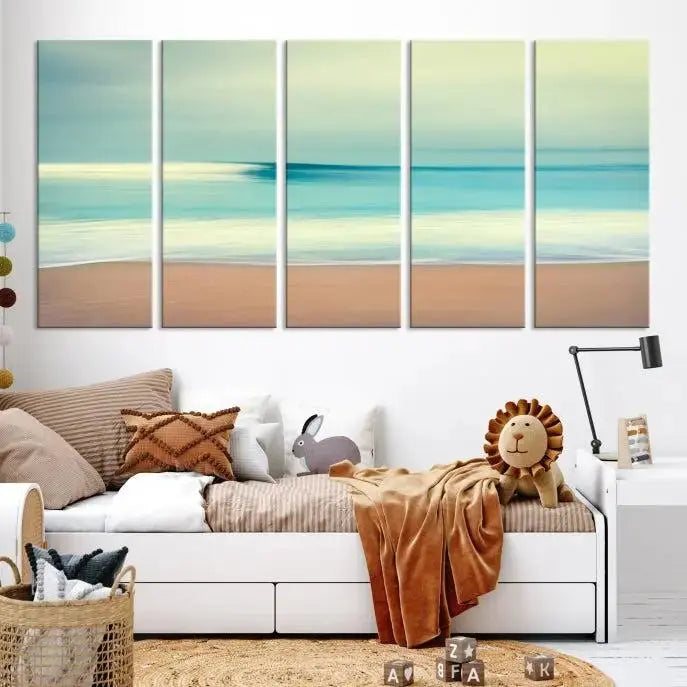 The Ocean Waves on the Beach Landscape, a three-panel art piece beautifully gallery wrapped on museum-quality canvas, features vibrant hues preserved by a UV-protective coating.