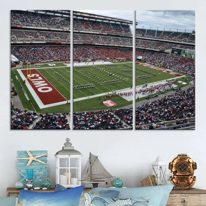 The triptych wall art depicts a vibrant sports stadium scene and captures attention. Titled "The Temple University Owls Athletics Team Print - Philadelphia Lincoln Financial Field Stadium Wall Art Canvas Print," each piece is handmade in the USA on premium canvas, adding an authentic touch to your decor.